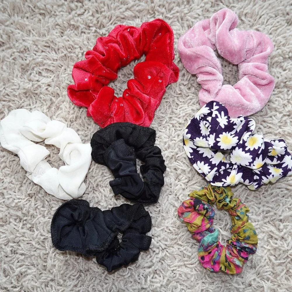 Lot of 7 like new hair scrunchies - black, red, white, pink, floral